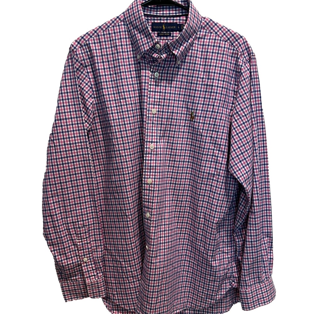 Ralph Lauren Luxury Oxford Mens Dress Shirt Large Cotton Pink White Purple Check - Picture 2 of 6